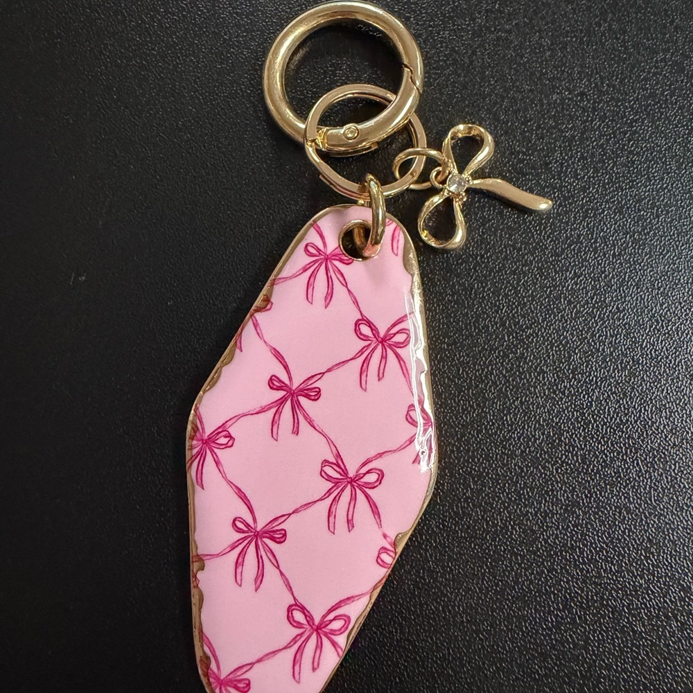 Pink Bow Pattern Purse Charm with Gold Accents